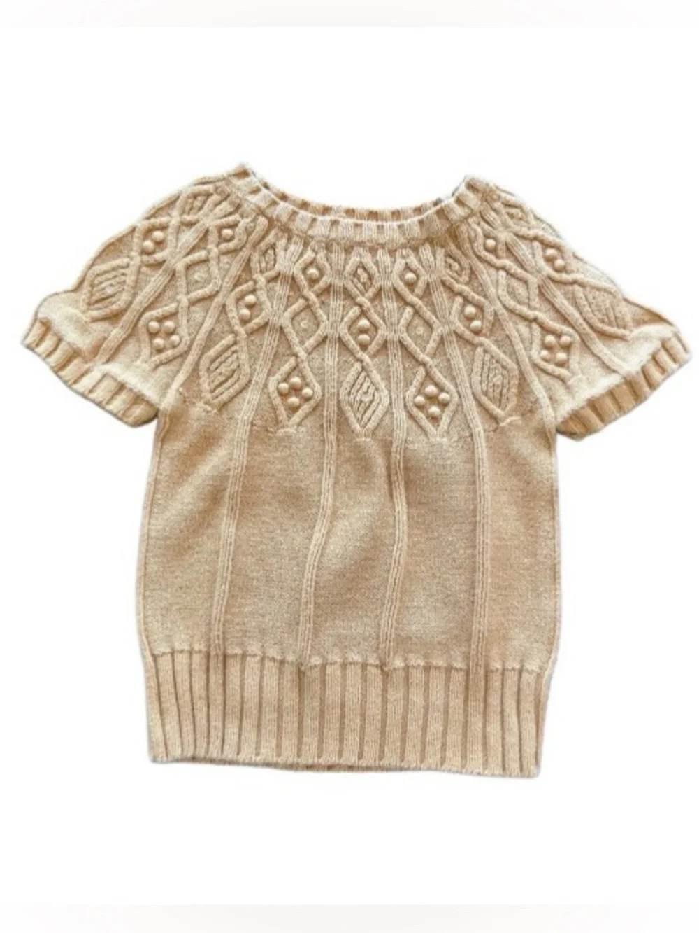 Girls Size 5 Gymboree Tan Cable Knit Short Sleeve Sweater 100% Cotton